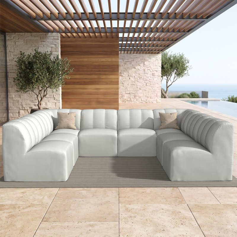 Ensemble de canapé modulaire rembourré en U avec coussins Sunbrella 8 pièces Praia, Tissu blanc Sunbrella®