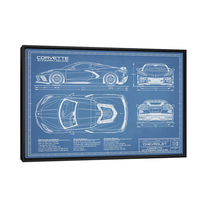 Modèle de Stingray (C8) Corvette-impression de dessin, Pas de tapis, H 18 po x l 26 po x P 1,5 po, Toile avec cadre noir