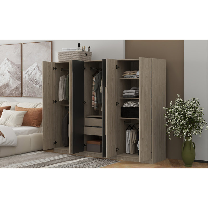 Armoire de rangement 6 portes en bois pour la chambre à coucher, avec 2 tiroirs à l'intérieur, noir + nature