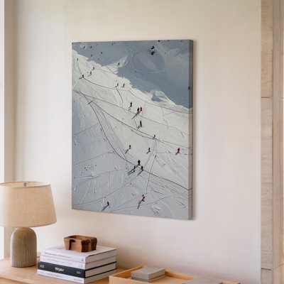Canvas Stylized Ski Slope Abstract Winter Sports Scene With Miniature Skiers Wall Art Ready To Hang Gallery Wrapped Home Decor Modern Design
