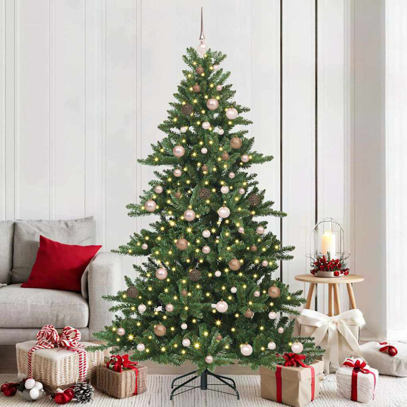 Artificial Hinged Christmas Tree with 300 LEDs PVC, Green/Brown/Ivory, 6.89' H