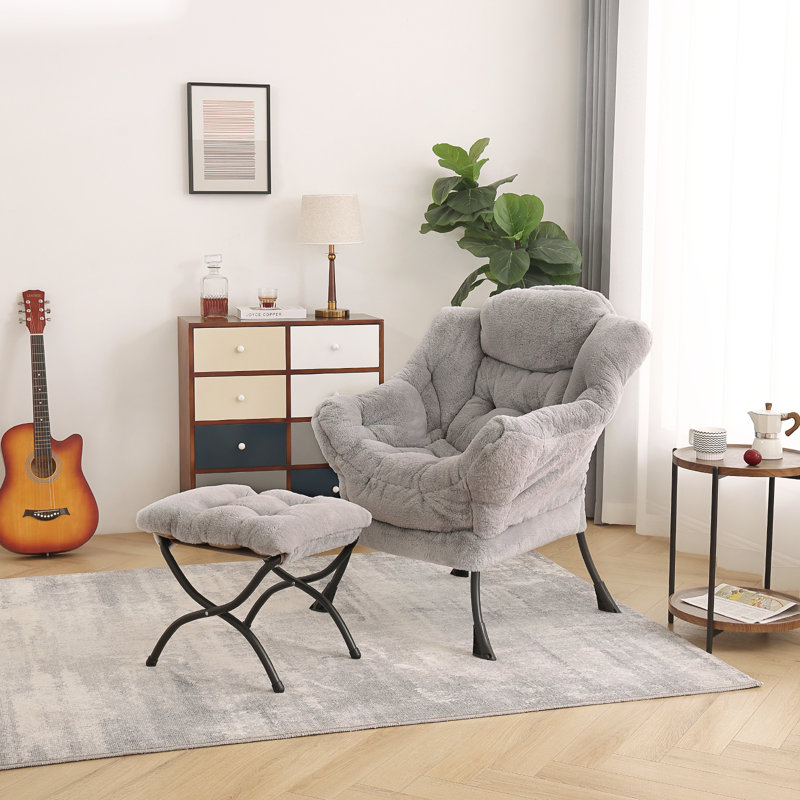 Gray Plush Metal Accent Chair with Ottoman
