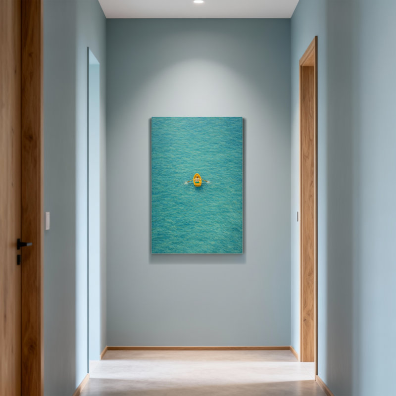 Scénique et paysage urbain, bateau jaune sur une surface d'eau bleue calme, H 40 po x l 28 po