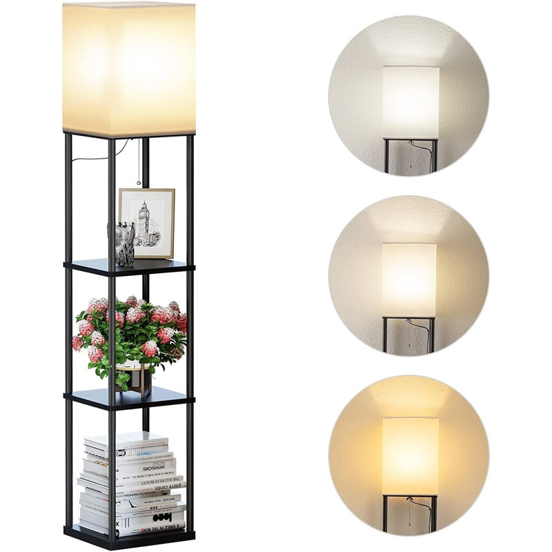 Lampe sur pied avec tablettes à 3 niveaux, lampe sur pied noire avec rangement, éclairage d'angle moderne pour le salon et la chambre à coucher