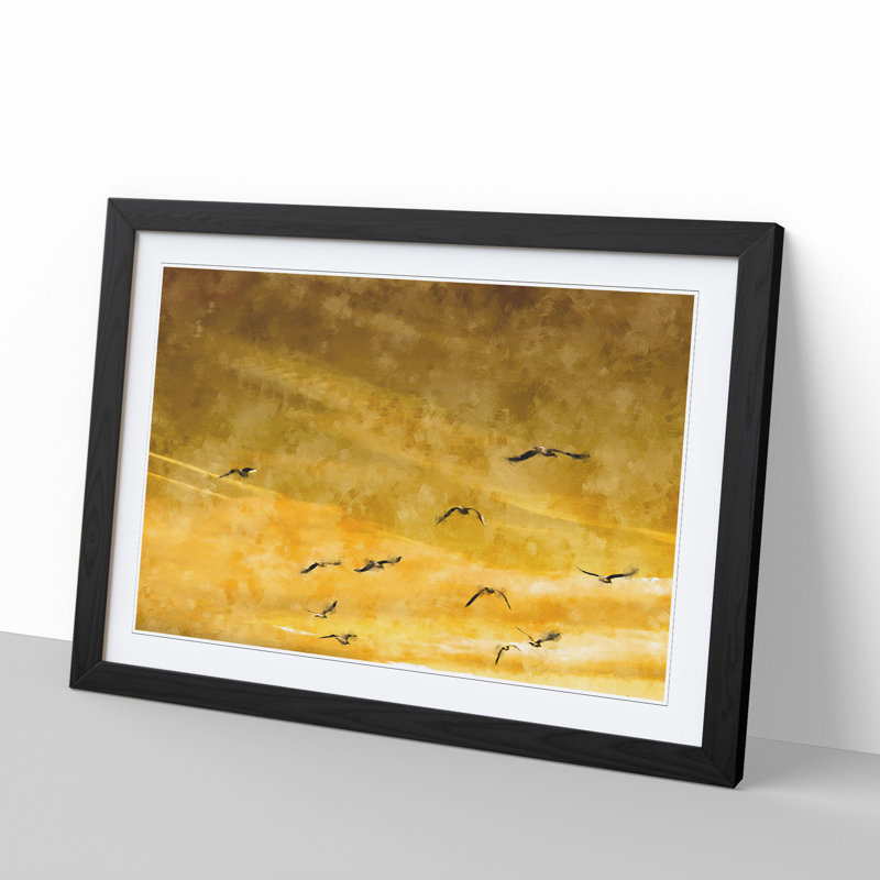 Flying Seagulls at Sunset - Framed Print, 36cm H x 48cm W x 2cm D, Black Framed