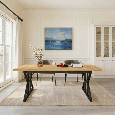 Table de salle à manger 70,8 "en bois pour 6 personnes - Table de cuisine rustique avec base à tréteaux