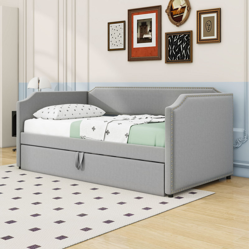 Twin Upholstered Daybed with Pop Up Trundle, Gray