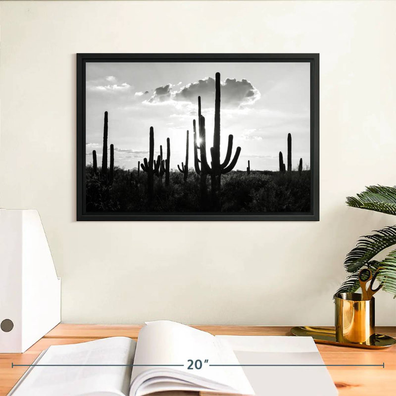 Arizona noir - Silhouettes de cactus, Cadre flottant noir, 13 po x 9 po