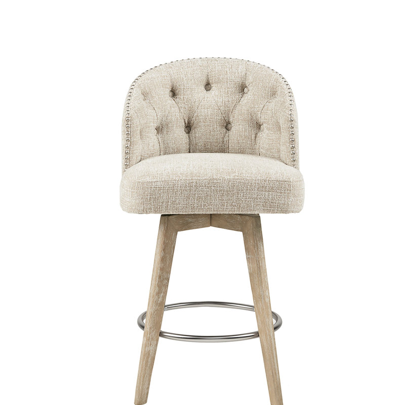 Tabouret de comptoir pivotant à 360 degrés - Revêtement crème, dossier à boutons, pieds en bois massif d'aspect récupéré, argent, capacité de 300 lb, pieds de siège rembourrés, finition, charge maximale en métal