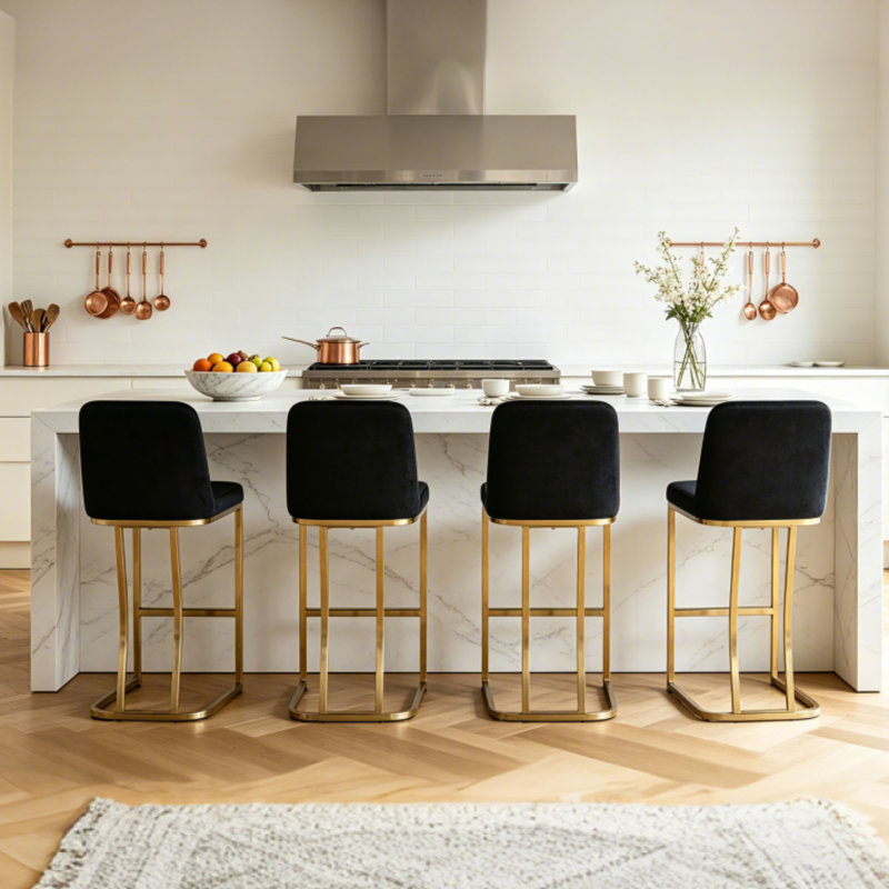 Tabouret de comptoir rembourré en velours avec structure en métal (ensemble de 3), Doré, Noir, noir, noir, noir