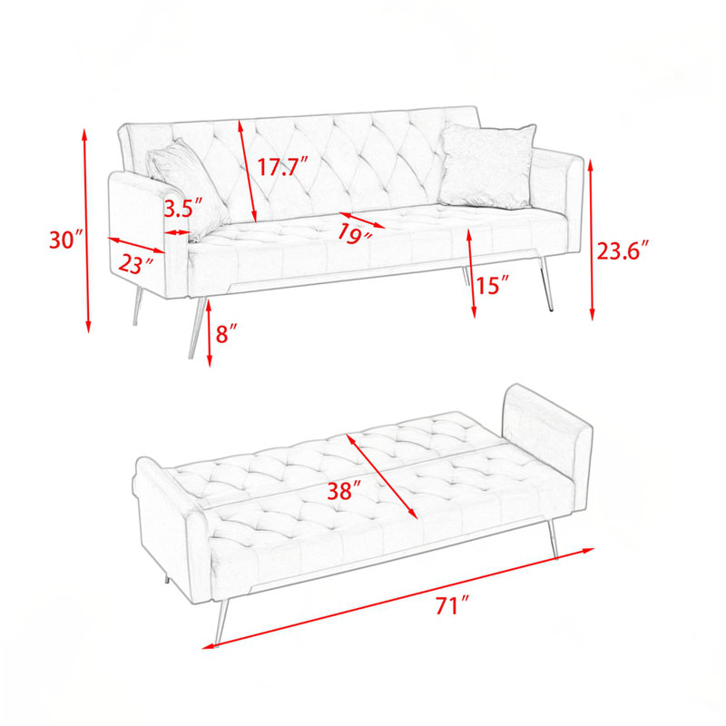 71" Convertible Double Folding  Sofa Bed, Gray, 3
