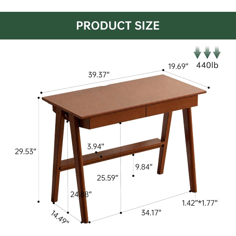 Bureau en bois massif de 39,4 po de largeur avec tiroirs, L 39,4 po, Teak