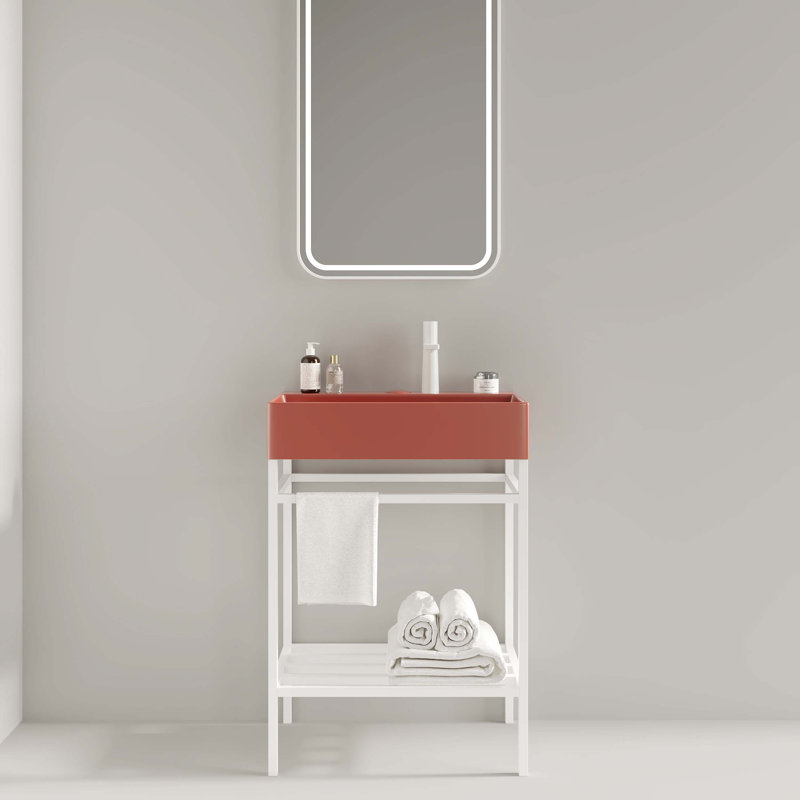 Meuble-lavabo 24 po avec lavabo en céramique, ensemble de lavabo console sur pied, lavabo rectangulaire en céramique brillant sans robinet, pieds en métal ouverts, tablettes de rangement