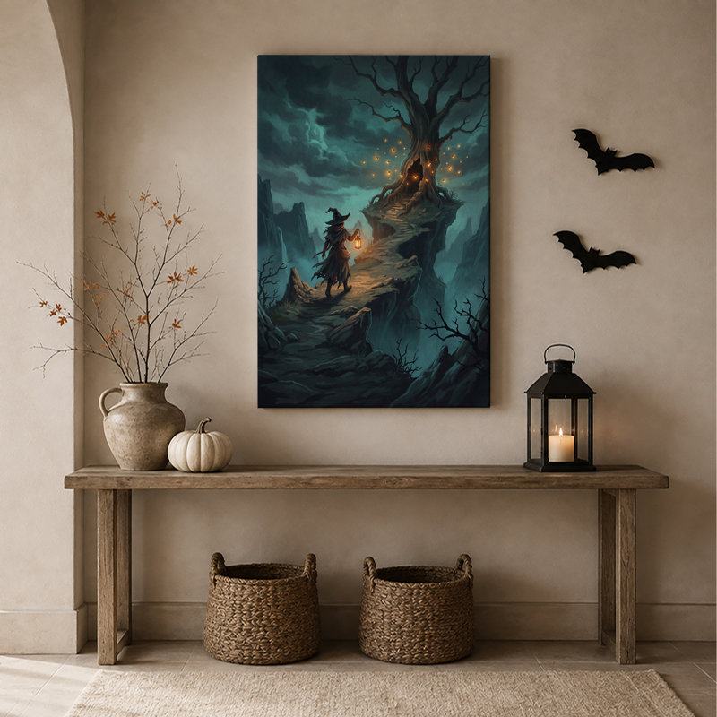 Magicien à la lanterne près d'un arbre illuminé au bord d'une falaise - Toile murale d'Halloween, 36"H x 24"W