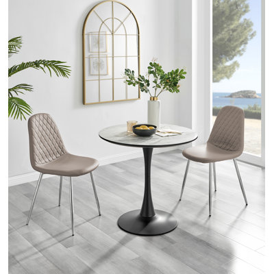 Elina White Marble Effect Melamine Round 80cm Dining Table And Chairs - 2 Faux Leather Dining Chairs
