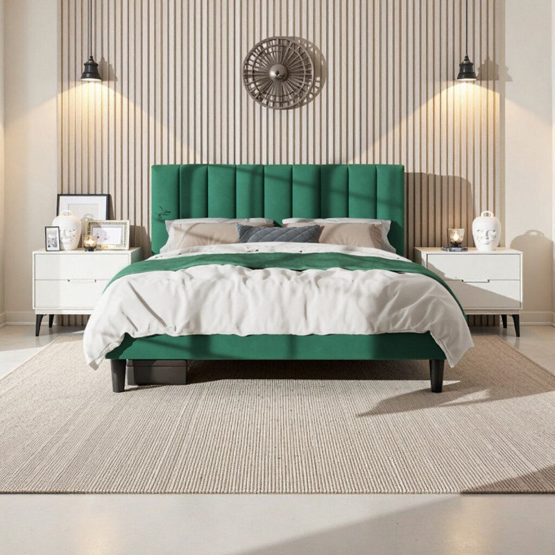 Structure de lit pleine grandeur en velours vert émeraude avec tête de lit réglable | Convient aux matelas de 10 à 12 po | Capacité de 800 lb | Assemblage silencieux et facile