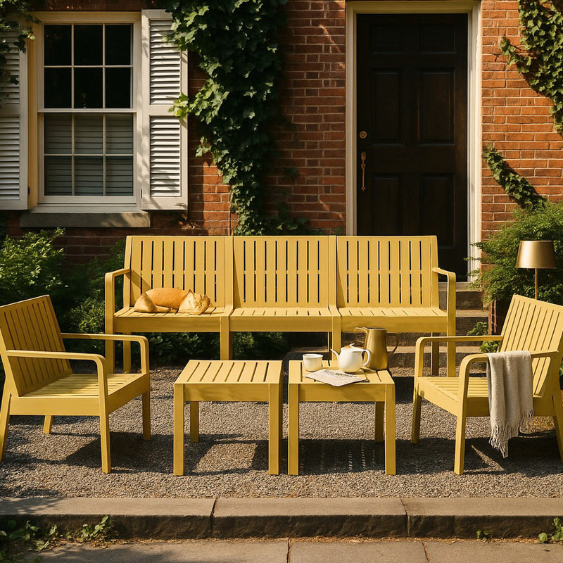 Mobilier intérieur / extérieur 5 pièces 3 places, 2 chaises, 2 tables basses, jaune, structure rouille, Pp toutes saisons, assemblage de 30 minutes, gigogne peu encombrante, patio confortable avec chaises et jaune