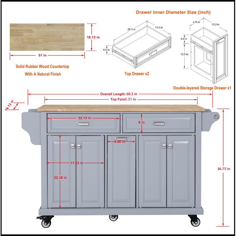 Durable Kitchen Island with Rubber Wood Countertop, Spacious Storage and Mobility for Modern Kitchens, Gray