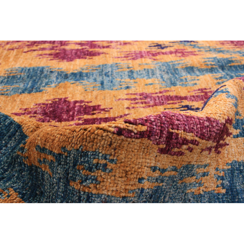 Tapis carré en laine noué à la main indigo / jaune / bleu années 2010 de conception unique 5 pi 9 po Quinty
