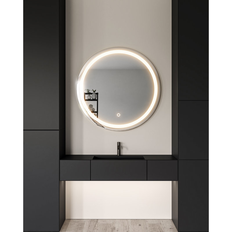 Hillmont Round Powder Coated Steel Lighted Wall Mirror, 40" H x 40" W x 1.75" D