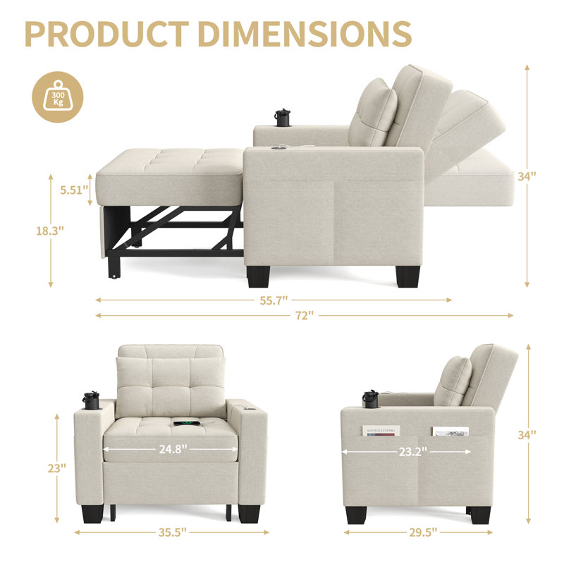 Fauteuil-lit escamotable 3-en-1 à lattes de 36,6 po Latitude USB Latitude Run, Blanc cassé 100% lin