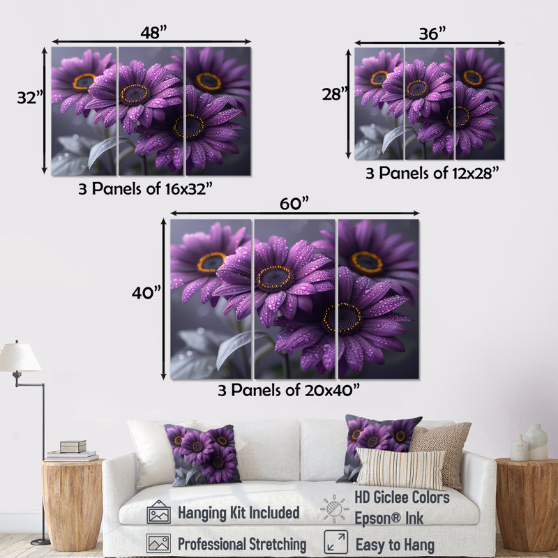 Oconnor - Moody - Mauve, gris, gris, tournesols, Toile tendue, H 28 po x l 36 po x P 1 po