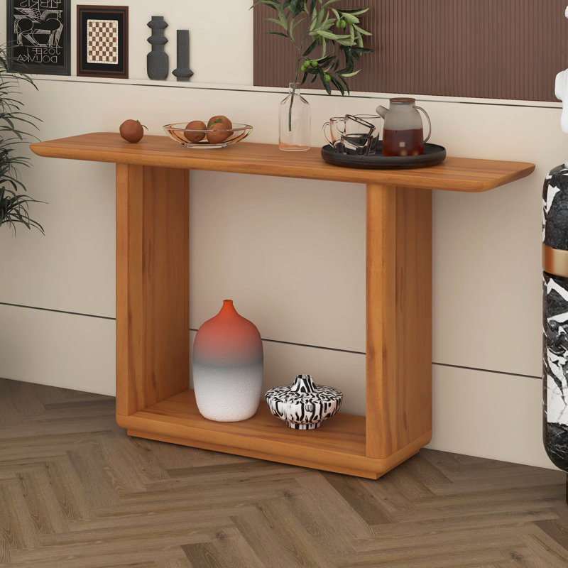 Console avec coins arrondis et tablette inférieure, tables de canapé minimalistes avec placage en bois et base en U pour le hall d'entrée