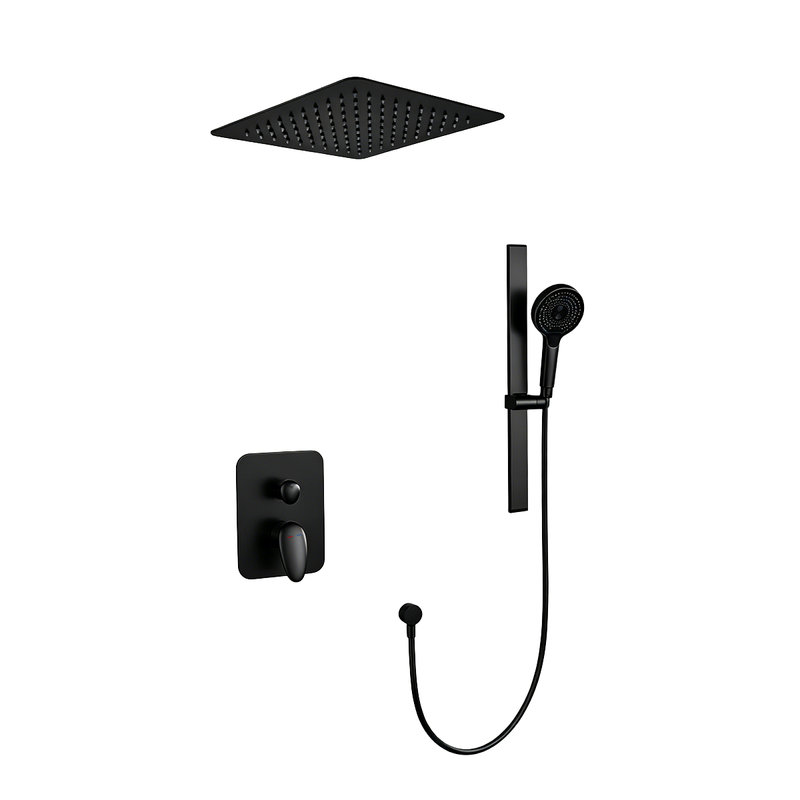 Système de douche encastré noir mat 0Ontz avec barre coulissante, ensemble de douche murale 2 fonctions en laiton massif, douche de tête carrée à pluie haute pression et douche à main ronde à 4 modes, ensemble de garniture de mélangeur d'eau chaude et froide à deux poignées pour la salle de bain