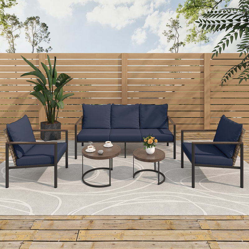 4-Piece All-Weather Wicker Patio Set: 3-Seat Sofa, 2 Chairs,A Tea Table with Cushions - Perfect for Poolside & Backyard, Blue