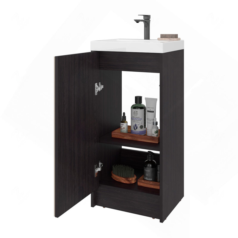 Meuble-lavabo sur pied et armoire avec lavabo en résine, rangement compact pour salle de bain avec une porte et 2 tablettes intérieures