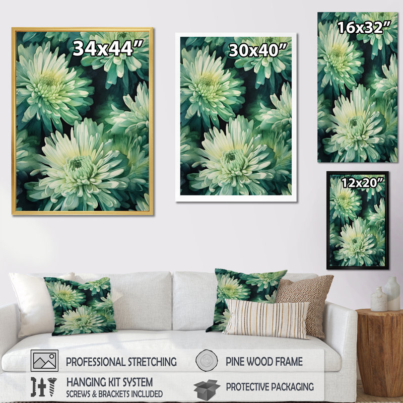 «Green Green White Chrysanthemums Melody I» sur toile, Cadre flottant doré, H 32 po x l 16 po x P 1 po