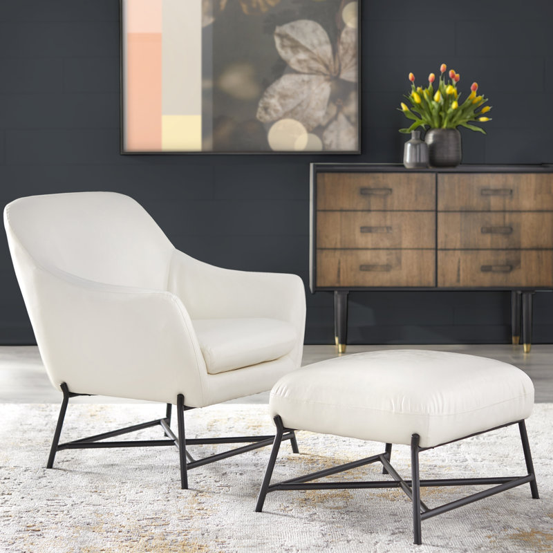 Minford Faux Leather Accent Chair with Ottoman, White Faux Leather