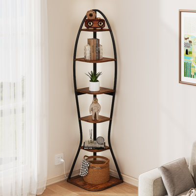 Industrial 6-Tier Tall Corner Shelf With LED Lights & Multi-Depth Storage, 68.11" Height For Living Room, Bedroom by One Allium Way