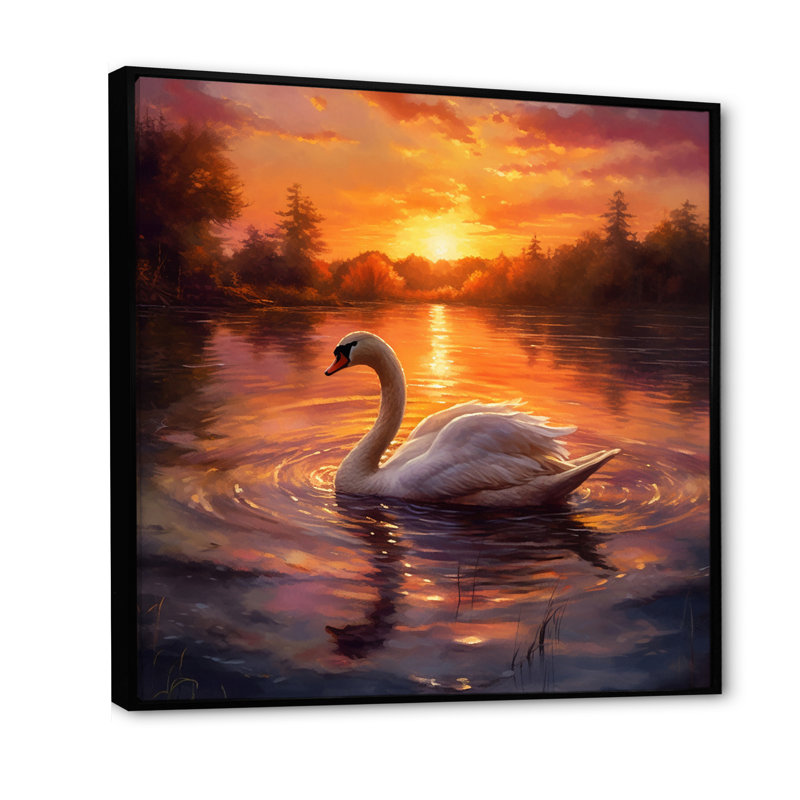 Cygne blanc, coucher de soleil romantique, Cadre flottant noir, H 16 po x l 16 po x P 1 po