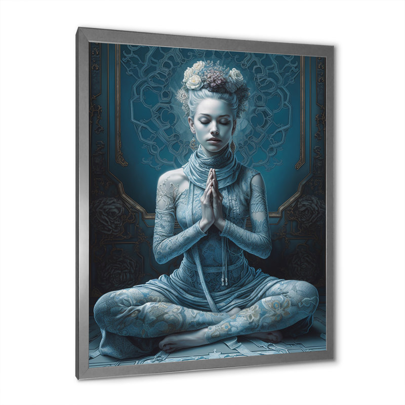 Spiritual Serenity Blue Goddess Meditation sur impression sur toile, H 44 po x l 34 po x P 1,5 po, Cadre simple argenté