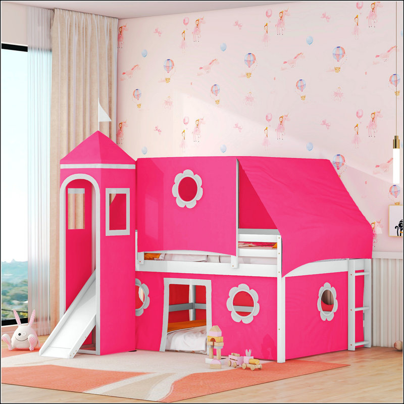 Lit mezzanine avec tente coulissante et tour, Double, Rose