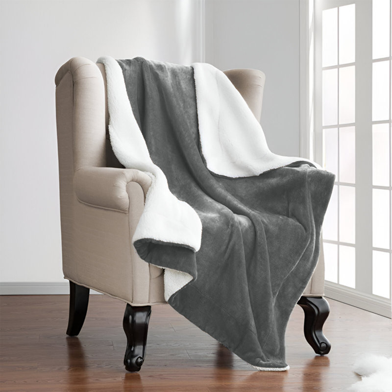 Kaylie Soft Sherpa Fleece Fur Thick Dual Sided Reversible Blanket Throw, 200cm x 240cm, Silver