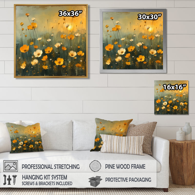 Jaune, blanc, heure dorée, champ d'or, champ I - boutons d'or, salon, Toile encadrée blanche avec une seule photo