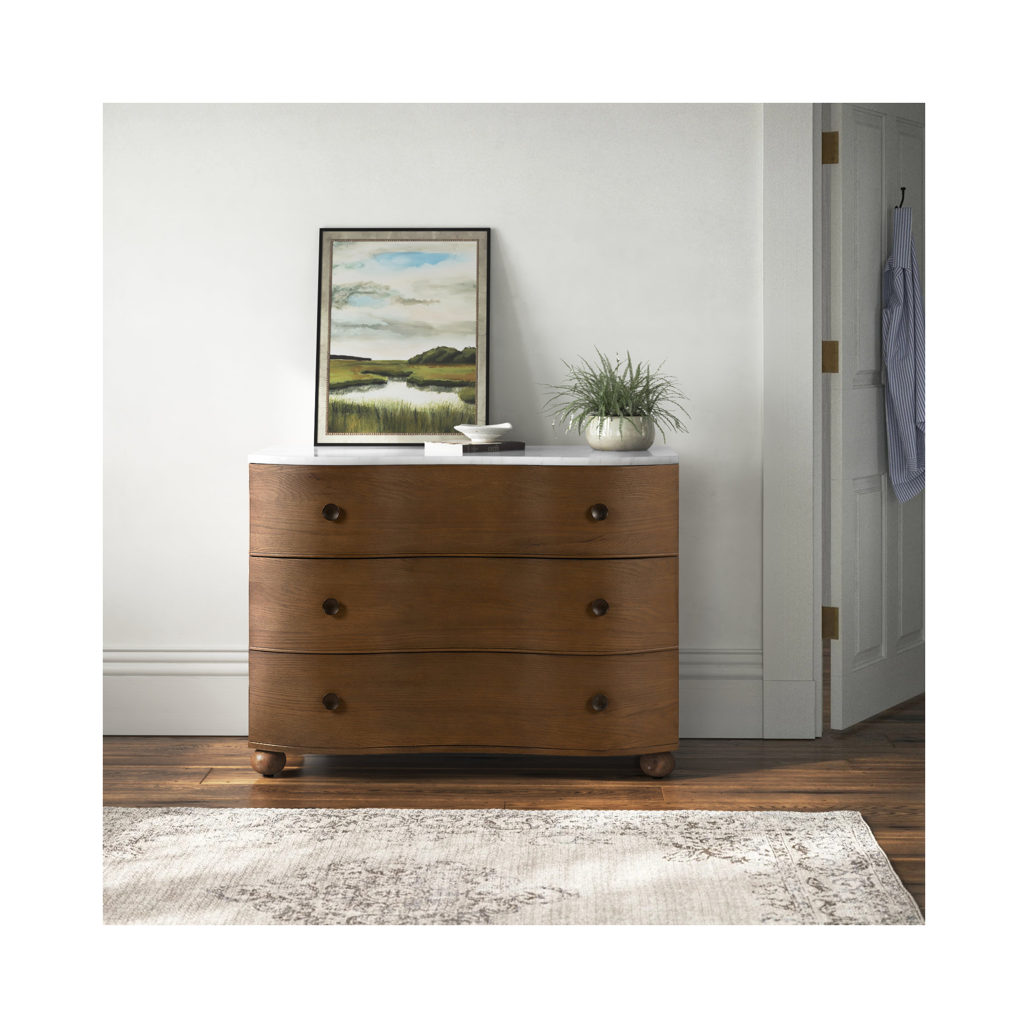 Tariel 3 - Drawer Dresser, Toasted Oak/Polished White Marble
