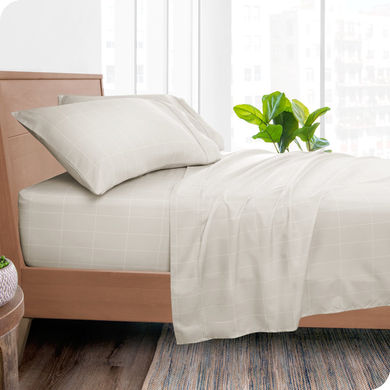 Sheet Set - Luxury 1800 Ultra-Soft Microfiber Bed Sheets - Double Brushed - Deep Pockets - Easy Fit, Grid - Stone/White
