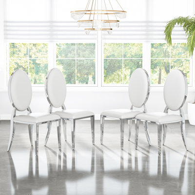 Modern Dining Chair Set, Oval Backrest Faux Leather Upholstery And Polished Stainless Steel Legs
