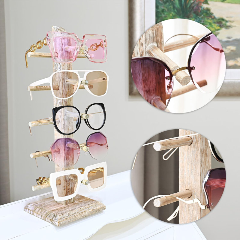 Organisateur de support de lunettes de soleil en bois, organisateur de présentoir 5 paires de lunettes, Blanc rétro