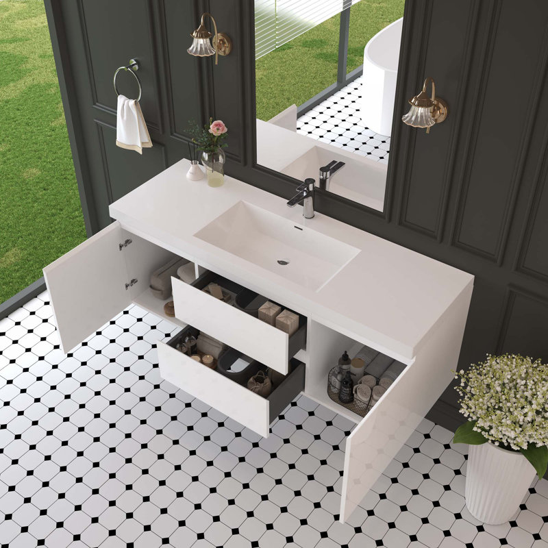 Meuble-lavabo flottant avec lavabo double, Blanc, 60"