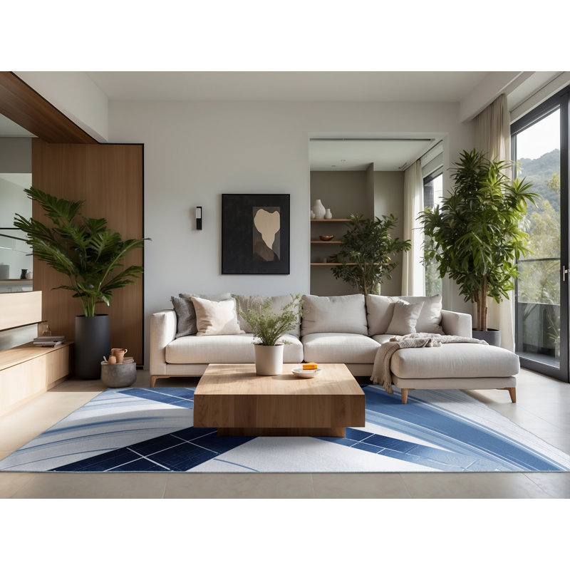 Tapis bleu moelleux doux et moelleux à motif d'orbite moderne par Edingworth, 5 x 8