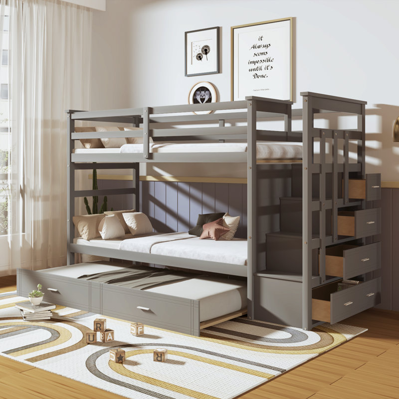Eulanda Twin Over Twin Bunk Bed with Built-In Stairs , Trundle Bed Included
