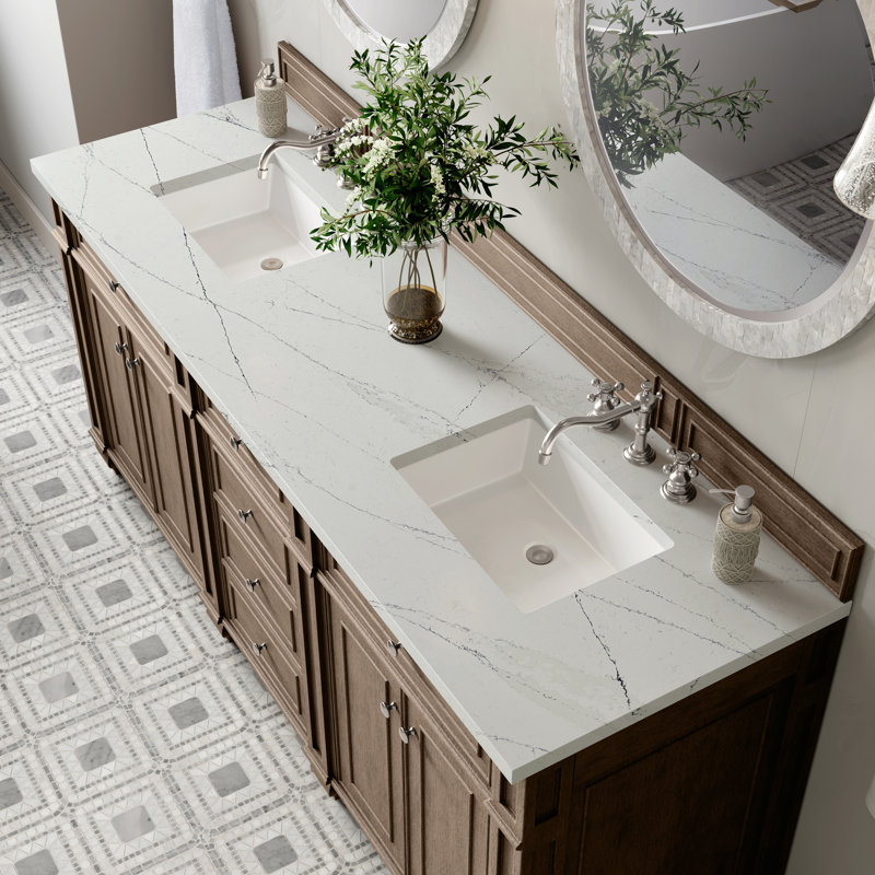 Bristol 72'' W Double Vanity, Whitewashed Walnut, Ethereal Noctis, 8" Widespread