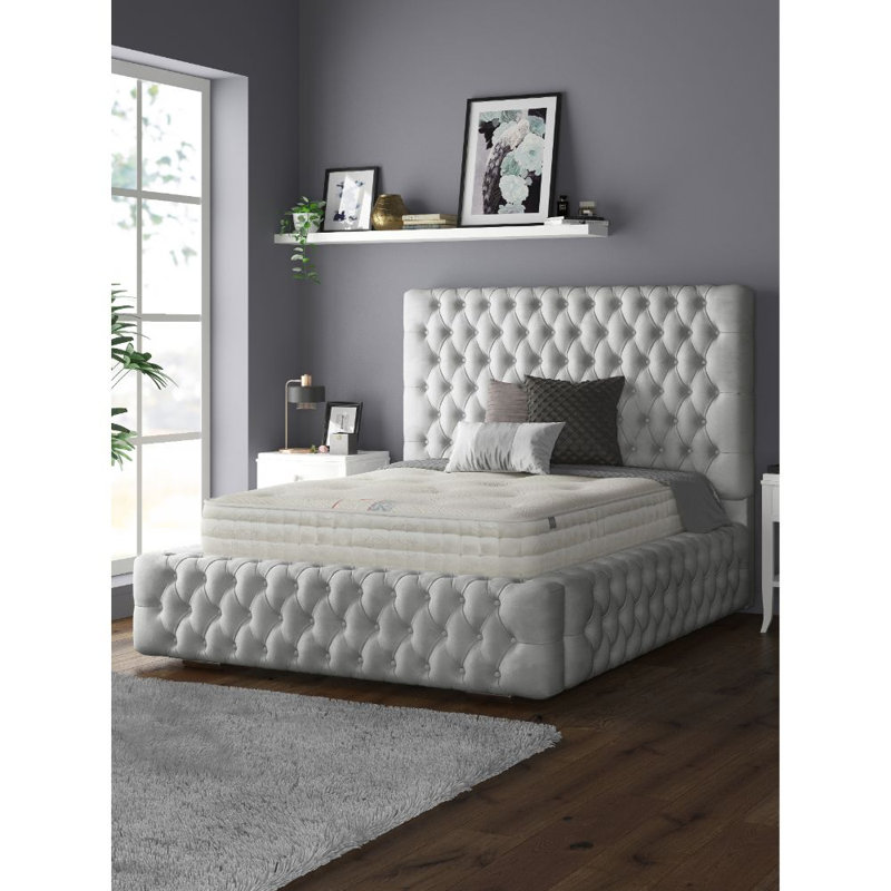 Clovis Upholstered Bed, Double (4'6), Silver, Plush Velvet