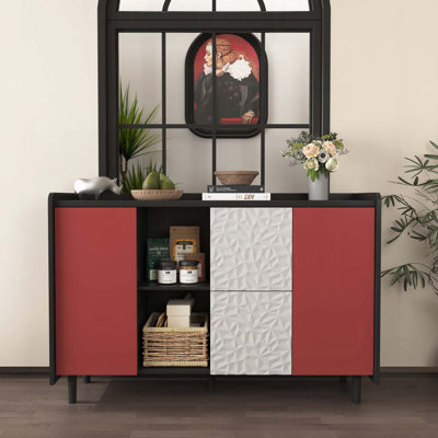 Kitchen Pantry Storage Cabinet , Coffee Bar Storage Cabinet with 2 Drawers, 2 Open Storage Compartment & 2 Glass Doors by Latitude Run