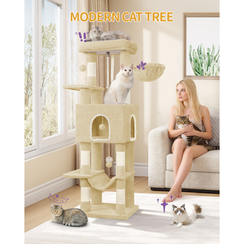 162 cm Cat Tree for Indoor Cats, Cat Tower with Large Hiding Cave, Scratching Post with Large Platforms, Multi-Level Cats Activity Center, Sisal Rope, Hammock