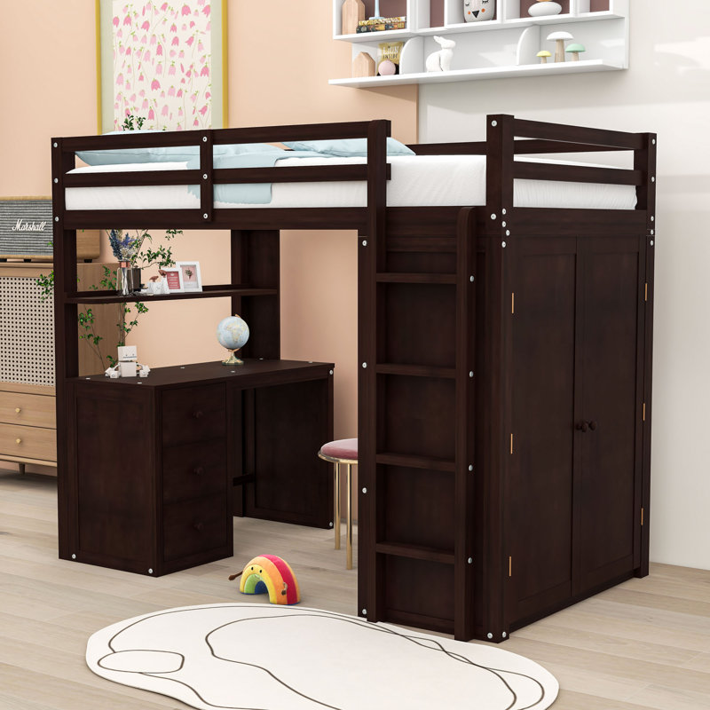 Lit mezzanine simple pour enfants avec garde-robe et bureau intégré, Twin, Espresso
